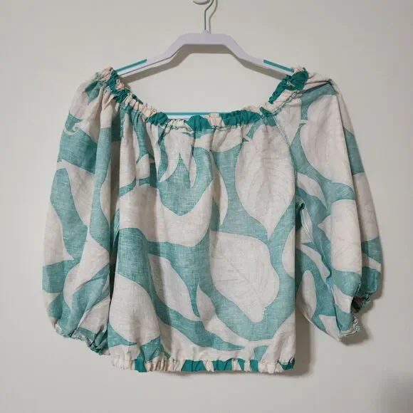 Rachel Zoe Womens Linen Blend Off-the-Shoulder Cropped Blouse Green Beige Size S - Picture 4 of 11